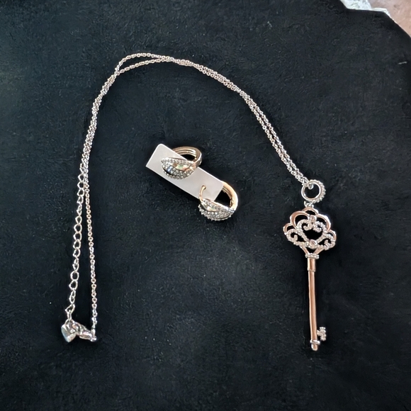 Pretty Bird Jewelry Jewelry - 16" Pretty Bird Repost Silver Key Necklace and Crystal Studded Earring Set